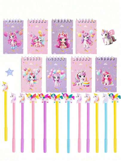 16 piezas - Conjunto de diario y cuaderno de unicornio, cuaderno de unicornio lindo y juego de bolígrafo, incluye bolígrafo y mini cuaderno, recuerdos de fiesta con tema de unicornio, adecuado para baby shower, fiesta de cumpleaños, suministros de oficina, recompensas en el aula, regalos de Pascua, regalos de regreso a la escuela.