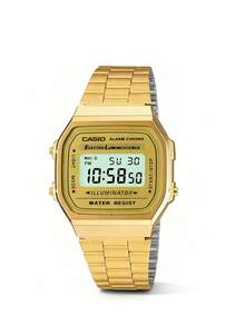 Casio A168WG-9W 男女通用时尚电子表 - 复古金色金属表带，带夜光计时功能 - 单只装。金色表盘，小方表盘，秒表闹钟定时器，经典表带设计，自动日历。适合日常佩戴。展现个性街头风格。可作为礼物送给她，例如生日礼物、周年纪念礼物、新年礼物、圣诞礼物。