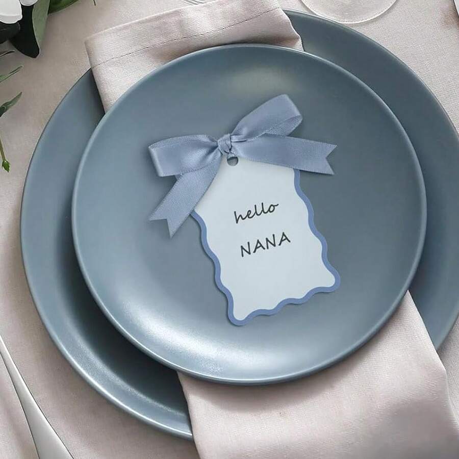 Scallop Shaped Place Cards, DIY Wedding Table Cards With Ribbons, Includes Place Cards And Ribbons, Suitable For Weddings, Parties, Celebrations (Gray-Blue) - Baby Blue - View 1