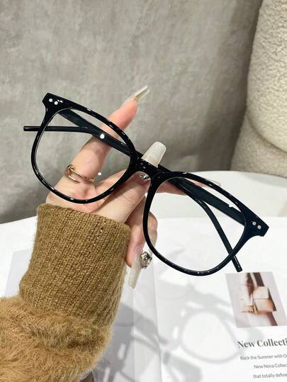 1 chiếc kính mắt nữ gọng nhựa, đinh tán, hình vuông, ngoại cỡ, trong suốt, phong cách đường phố.