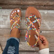 波西米亚豹纹编织女士休闲平底凉鞋，简约欧美风格，适合居家、派对、海滩等场合，亮面鞋面设计，防滑鞋底，穿着舒适。 - 黃色 - 查看 12