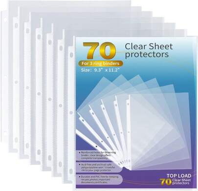 70 Pack Clear Sheet Protectors For 3 Ring Binders 8 5 X 11 Top Loading Plastic Sleeves