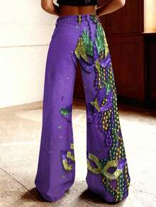 Women'S Imitation Purple Green Golden Mardi Gras Masks Beads Confetti Jeans |   Autumn And Winter, Long Length, Button Fly Closure, No Stretch, Western Loose  Style, Mid-Waist, Sexy Pattern - 彩色 - 查看 4