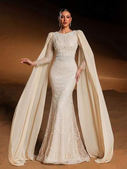 Faeriesty Luxury Faux Pearl & Sequin Embellished Long Evening Gown, With Fitted Faux Pearl-Adorned Bodice And Chiffon Draped Sleeves, Elegant Mermaid Silhouette, Suitable For Red Carpet Events, Formal Dinners, Weddings And Other Formal Occasions Party