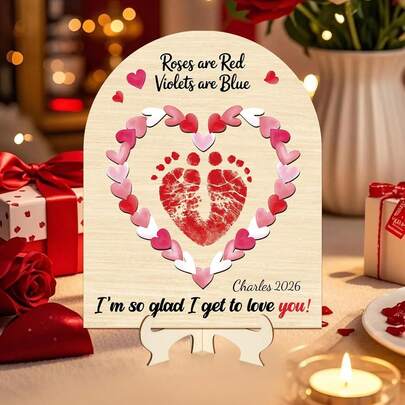 宝宝第一个情人节脚印牌，DIY木制艺术品，宝宝第一个情人节礼物，宝宝纪念品，里程碑式婴儿房装饰（心形）