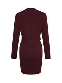 1pc Women's Elegant Solid Color Knit Dress - Burgundy - View 3