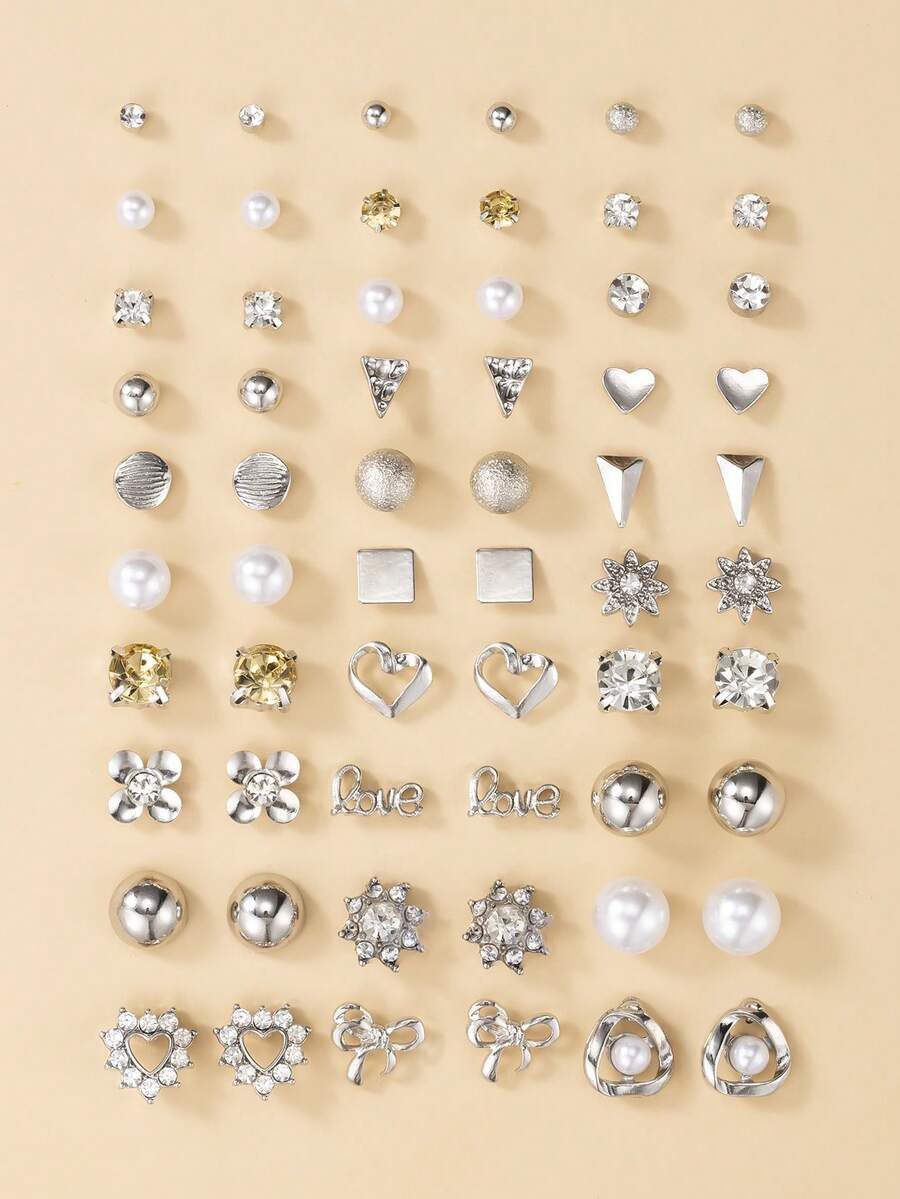 30对优雅简约金属仿珍珠小花朵水钻心形蝴蝶结耳钉套装，女士奢华礼物 - 銀色 - 查看 1