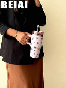 1pc 1200ml (40oz) Large Capacity Heart & Bow Themed Tumbler With Handle, Stainless Steel Vacuum Insulated Cup, Suitable For Travel, School, Office, Outdoor, Gym, Home, Great Gift For Valentine's Day, Holidays, Birthday (With Straw) - Multicolor - View 7