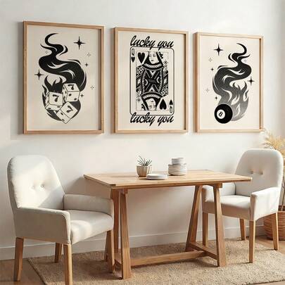 Frameless/3-Piece Set, Lucky Queen Heart Cart Wall Art Decor Painting, Magic 8 Ball Cherry Canvas Poster, Urban Girl Fashion Wall Art, Room Decoration, Bathroom Decor, Ideal Home Creative Gift, Suitable For Study, Living Room, Bedroom, Kitchen, Etc.