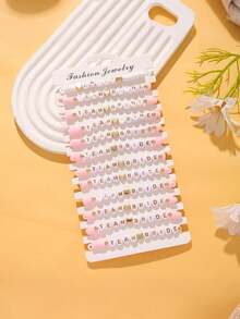 12pcs Set Of Single Party Bride And Bridesmaid Letter Multi-Layer Stacked Love Elastic Soft Pottery Bracelet Set, Fashionable Ladies Bracelet Wedding Engagement Banquet Party Dance Party Wear Gift Bracelet Set - Multicolor - View 2