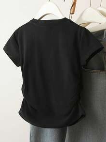 黑色印花柔软休闲短款短袖上衣（夏季款） - 黑色 - 查看 2