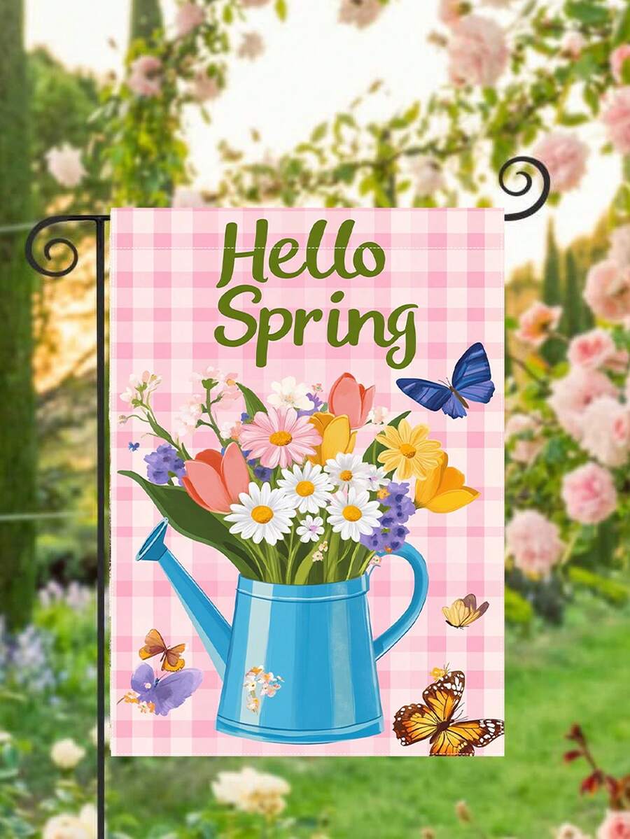 1pc Hellow Spring Garden Flag 12x18 Inches,Water Bottle Bouquet Butterfly Pink Checkered Garden Flag,Burlap Floral Garden Yard Banner For Summer Rustic Seasonal Outside Outdoor House Decoration,Seasonal Burlap Yard Flag,Welcome Spring Spring Garden Decorations, Spring-Themed Patio Decorations - Multicolor - View 1