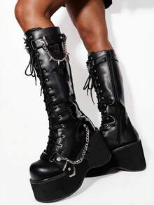 Goth Platform Boots For Women Back To School Punk Motorcycle Boots Mid Calf Round Toe Boots Back Zip Wedges Fall Boots - Đen 2 - Xem 5
