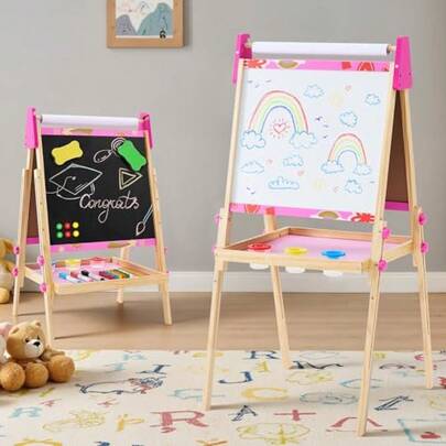 Adjustable Height Wooden Double-Sided Magnetic Children's Picture Stand With Paper Roll, Black And White Board To Stimulate Creativity And Learning Ability, New Year's Gift