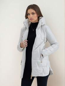 Mid-Length Glossy Down Jacket - Drawstring Hooded With Metal Details | Warm For Autumn/Winter: Suitable For Daily Wear And Commuting - Light Grey - View 2