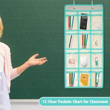 Organizador para colgar sobre la puerta para teléfono celular para colgar en el aula para colgar en la puerta clóset bolsa de almacenamiento de tela duradera 12 bolsillos beige - Beis - Ver 7