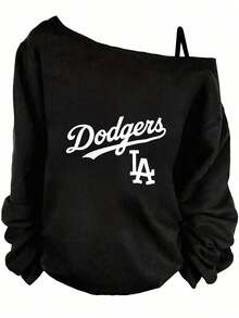 Valentine's Day Outfits For Women, Dodgers Graphic Print, Off-The-Shoulder Sweatshirt, Casual Streetwear, Relaxed Fit-Vacation Outfits Women, Beachwear, Resort Wear, Summer Tops - 黑色 - 查看 1