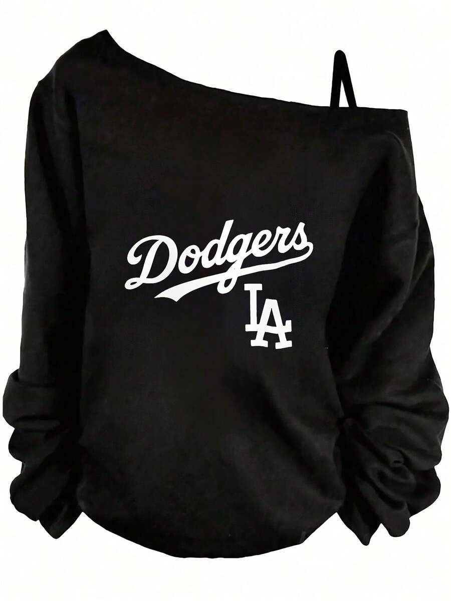 Valentine's Day Outfits For Women, Dodgers Graphic Print, Off-The-Shoulder Sweatshirt, Casual Streetwear, Relaxed Fit-Vacation Outfits Women, Beachwear, Resort Wear, Summer Tops - 黑色 - 查看 1