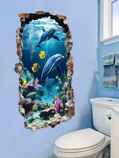 Pegatinas de pared 3D de tortuga bajo el mar, delfines y peces del océano submarino, pegatinas de pared extraíbles de vinilo para decoración de dormitorio, sala de estar y baño de niños
