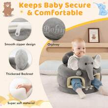 Baby Seat For 3-12 Months-Infant Sitting Support Chair With Cute Bear & Elephant Design, Soft Baby Sofa Floor Seat For Learning To Sit - Grey - View 5