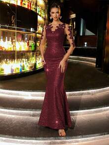 CHOSMO 优雅纯色亮面针织露背女士礼服，适合婚礼宾客、返校节、派对、周年纪念、音乐节、鸡尾酒会、正式晚宴、拍照、毕业典礼、旅行、舞台表演等场合。春季 - 酒紅色 - 查看 10
