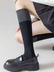 1/2/3/4双装女士过膝袜，黑灰撞色设计，户外运动袜，休闲条纹袜，舒适保暖 - 彩色 - 查看 3