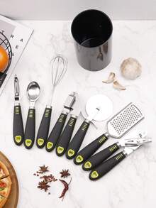 1件/8件套多功能不锈钢厨房工具套装，带收纳架：刨丝器、压蒜器、开罐器、削皮器、打蛋器、冰淇淋勺、锅铲、披萨/蛋糕切割器。必备厨房小工具，乔迁或节日送礼佳品。 - 彩色 - 查看 2