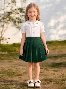 Girls' Fashionable Versatile Casual Pleated Skirt, Suitable For Daily Wear, Parties, Outings - Dark Green - View 4