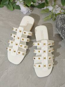 白色女士高跟凉鞋，2026夏季新款厚底铆钉白色女士凉鞋，时尚百搭套脚凉鞋 - 白色 - 查看 7