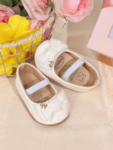 1 Pair Infant/Toddler Girls' Solid Color Bow Elastic Band Rubber Sole Non-Slip Soft Bottom Walking Shoes, Simple & Elegant Princess Style, Suitable For Spring/Autumn - White - View 3