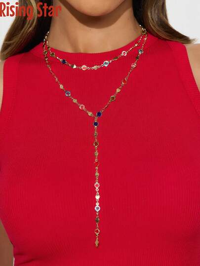 1 Bohemian Sexy Casual Color Imitation Crystal Double-Layer Y-Shaped Necklace, Versatile Collarbone Chain, Fashionable Layering Tassel Long Chain Accessory