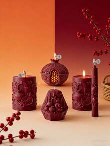 Burgundy Pomegranate Relief Candle, Handmade Soy Wax, Vintage Aesthetic Home Decoration, Romantic Wedding Gift - Burgundy - View 2