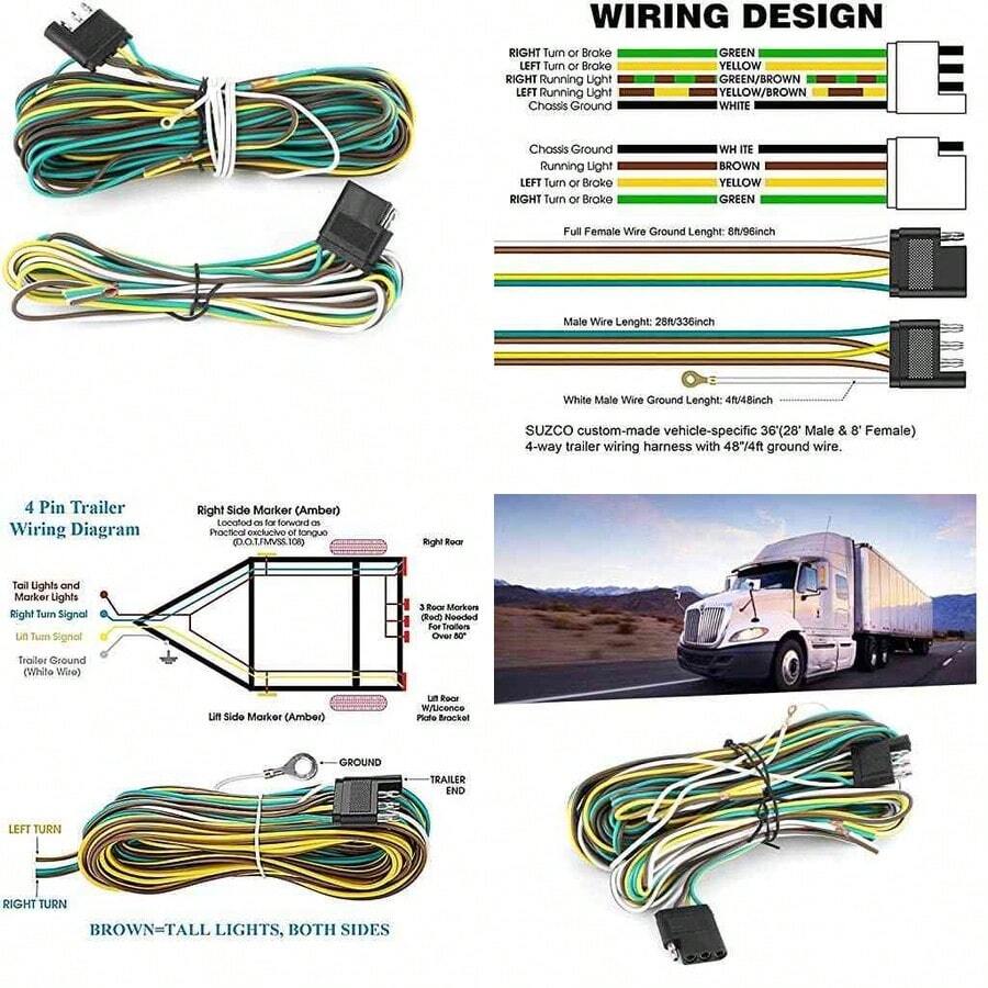 Kit de Arns de Cableado de Remolque de 4 Vas, 36 Pies, 8,5 + 2,4 M, 4 Cables, 4 Planos, 4 Pines, Juego de Conector de Arns de Cableado de Luz de Remolque con Enchufe Macho Hembra para Uso General - como se muestra en la figura - Ver 1