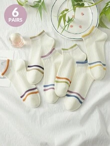 6 Pairs Women's Basic Striped Ankle Socks, White - White - View 2