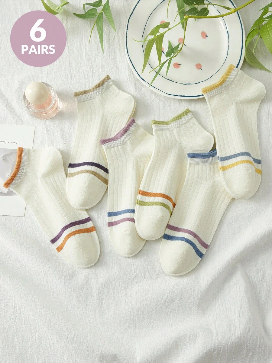 6 Pairs Women's Basic Striped Ankle Socks, White - White - View 1