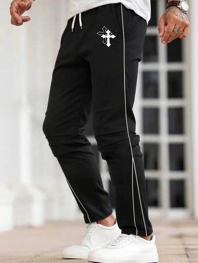 男士休闲直筒裤，商务正装直筒裤，时尚侧条纹，印花口袋，抽绳腰带，舒适透气轻便，适合户外活动，春夏穿着