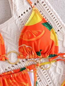Bikini de verano con estampado de limón, elegante y casual, con tirantes anudados y espalda descubierta, para vacaciones en la playa - Multicolor - Ver 3