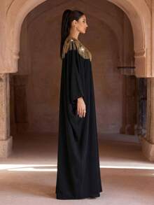 新款优雅宽松黑色长袍，带流苏蝙蝠袖 - 黑色 - 查看 4