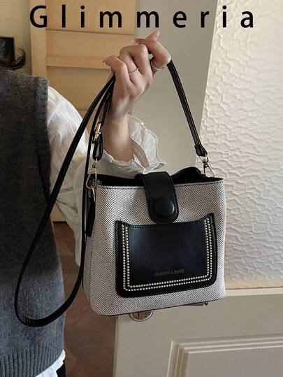 Retro High-End Niche Shoulder Bucket Bag, New Contrast Color Korean Fashion Versatile Commuter Crossbody Bag