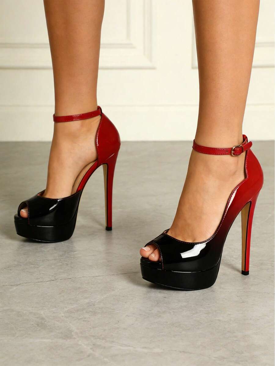 MERUMOTE New Women's Platform Stiletto Pumps Peep Toe 6"/15CM High Heels Ankle Strap Heeled Sandals Shoes For Party Wedding Prom - Red Black - 查看 1