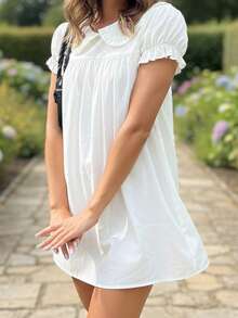 Women Short Sleeve Shirts Solid Color Doll Collar Loose Blouses Summer Casual Tops Streetwear - 白色 - 查看 3