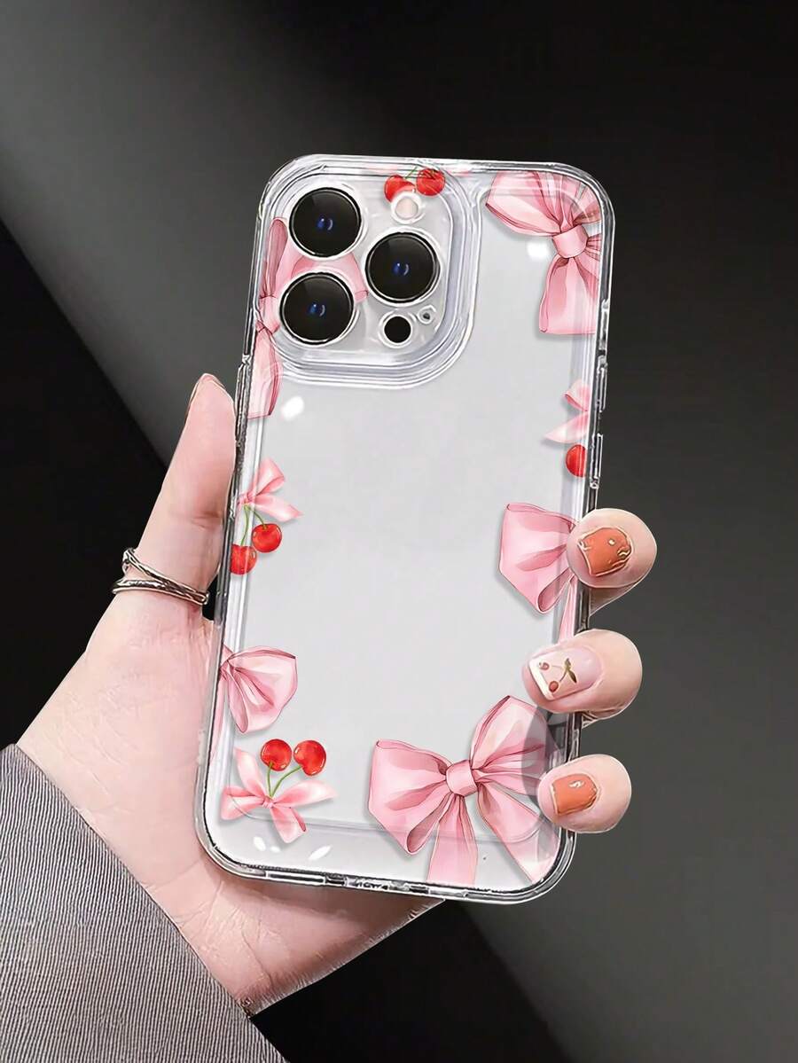 Pink Bow And Cherry Patterned Phone Case, Transparent Large Hole Design, Perfect Combination Of Fashionable Printing And Transparent Materials, Individual And Luxurious, Features Shockproof And Beautiful Appearance, Anti-Drop And Wear-Resistant, Comfortable Hand Feel, And Lens Protrusion Protection Function ,Compatible For IPhone 17/17Air/17Pro/17Pro Max,16,15,14,13,12,11 Pro/Pro Max/Plus,X/XS/XS Max Series And Galaxy S/A Series. It Is An Ideal Gift For Easter, Christmas, Halloween Decorations/Birthdays, For Girlfriends, Boyfriends, Friends, Or Personal Use. - Trong sáng - Xem 1