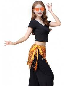 Sequin Belly Dance Scarf Tassel Wrap Sparkly Fringe Skirt With Pair Heart Party Rave Costume Women - 橘子 - 查看 7