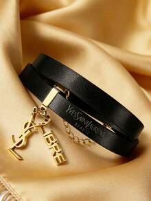Yves Saint Laurent 1pc Women's Fashion Double-Layer Black Leather Bracelet With Letter Pendant Decor, Romantic Jewelry For Valentine's Day - Black - View 2