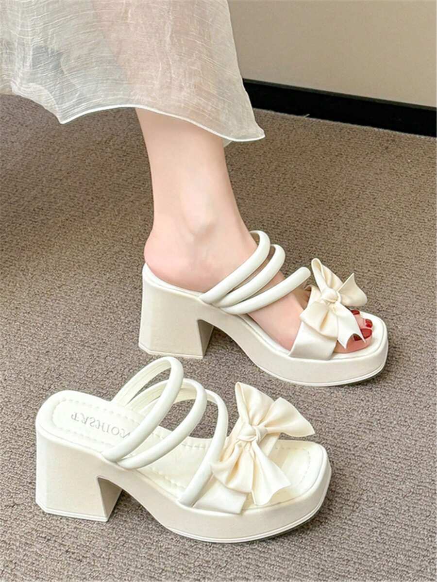 Women's Fashion Simple Round Toe Bow Slip-On Soft Bottom Black & White Two-Tone Chunky Heel High Heel Sandals - White - View 1