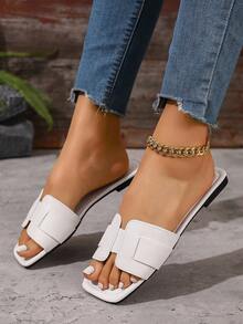 Women's Minimalist Double Splice Strap Flat Slippers, White Lychee Pattern PU Leather Square Toe Slides, Spring Summer Non-Slip Sandals For Beach Vacation Dating Daily Wear - White - View 6