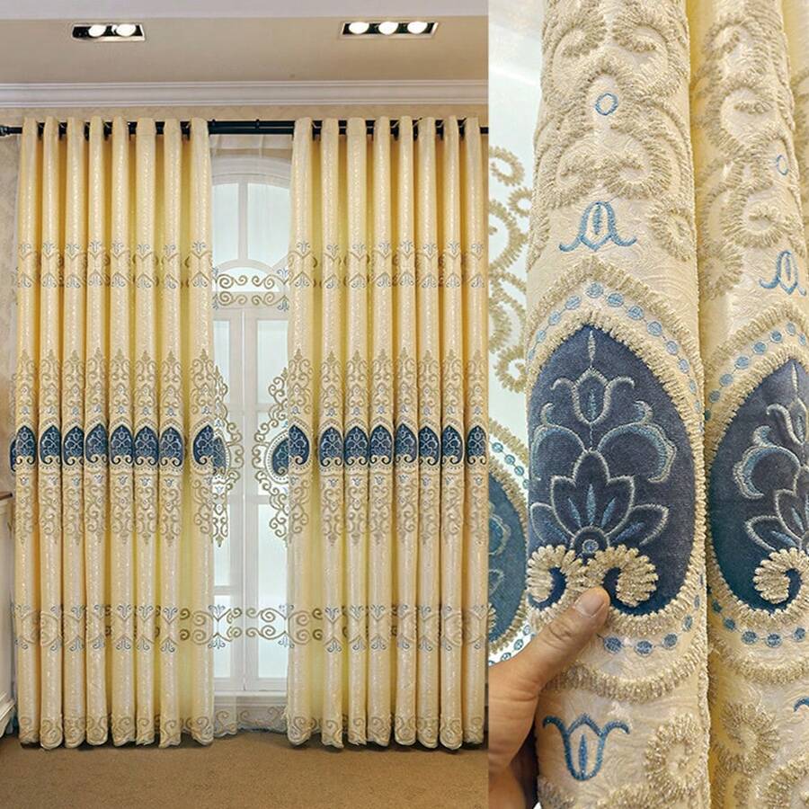 1 chiếc rèm cửa sổ/ban công cao cấp kiểu Châu Âu, thêu họa tiết, sang trọng, đặt làm riêng, chất liệu chenille, thích hợp cho phòng khách hoặc phòng ngủ. - Vàng - Xem 1