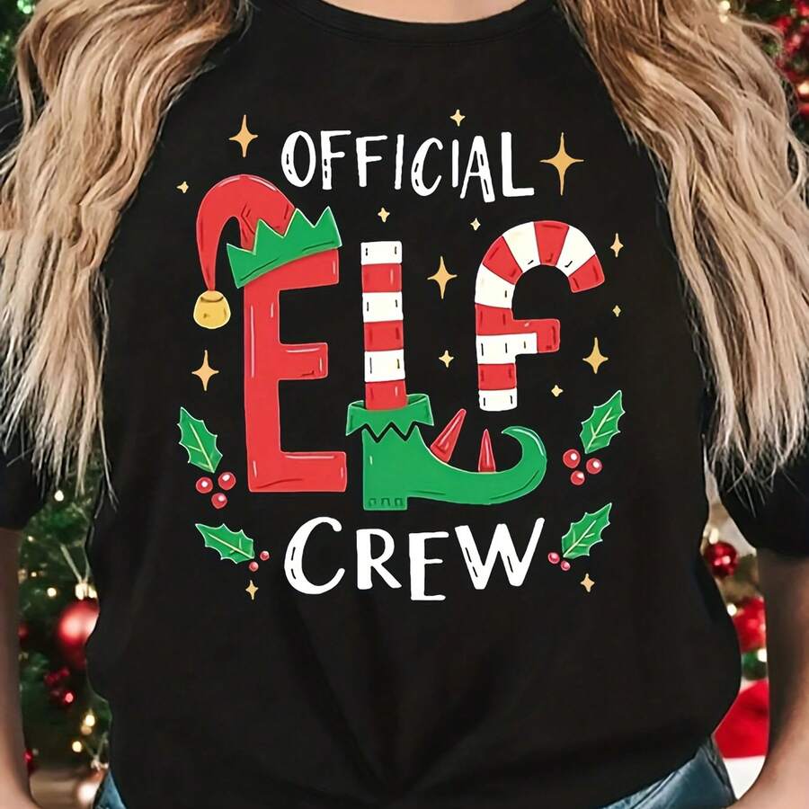 OFFICIAL ELF CREW Elf Team Christmas Print T-Shirt for Women, Short Sleeve Round Neck Casual Tee for Spring And Summer, Holiday Celebration, Christmas, Christmas Party - Negro - Ver 1