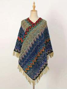 1件人字纹流苏披肩，斗篷披肩，时尚百搭旅行披风，保暖围巾外套 - 人字紋流蘇披肩 - 查看 6