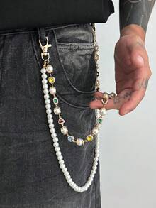 1 件复古优雅简约水钻花朵和人造珍珠腰链，男士嘻哈时尚魅力身体链，用于裤子装饰